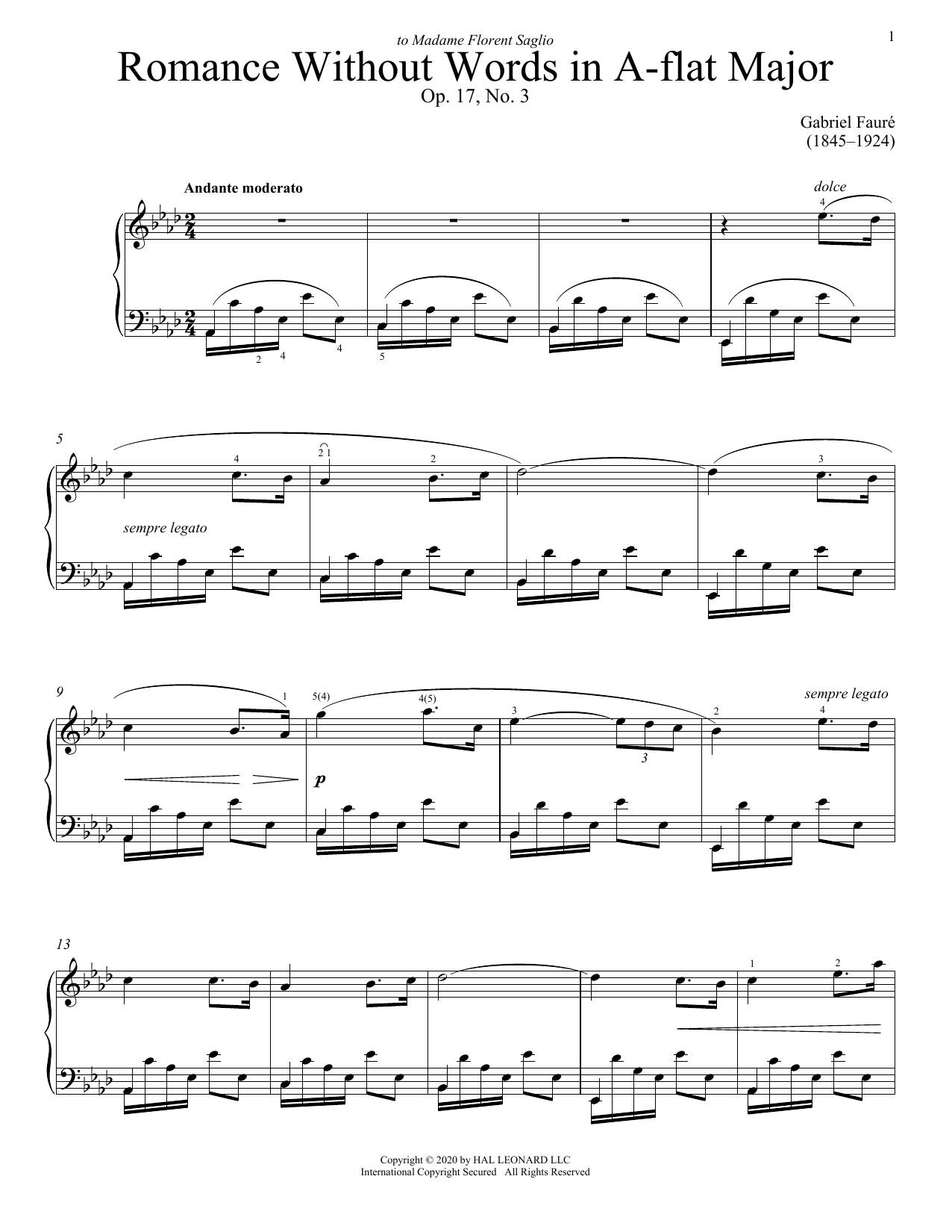 Gabriel Faure Romance Sans Paroles, Op. 17, No. 3 (Song Without Words) sheet music notes printable PDF score