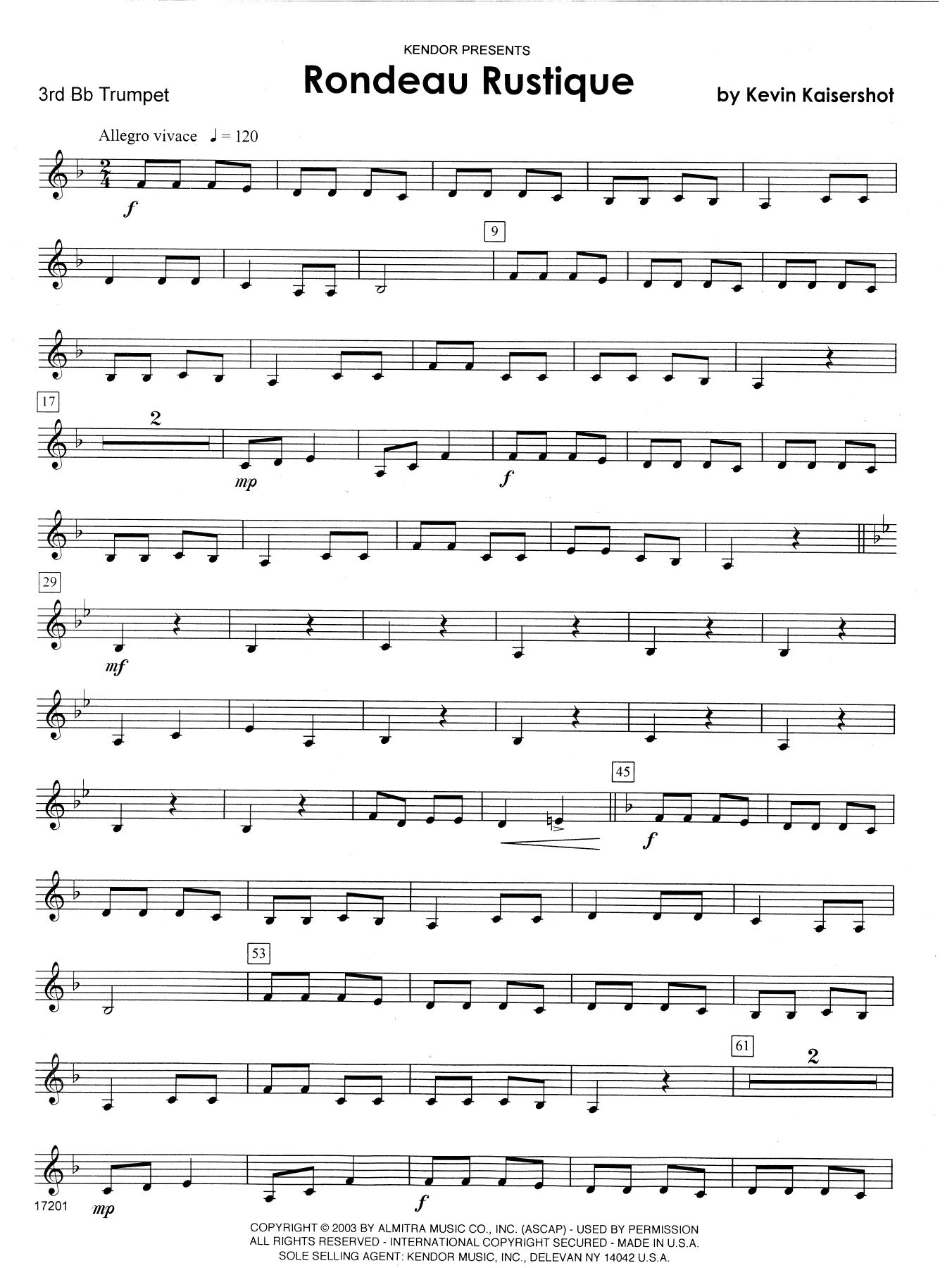 Download Kevin Kaisershot Rondeau Rustique - 3rd Bb Trumpet Sheet Music