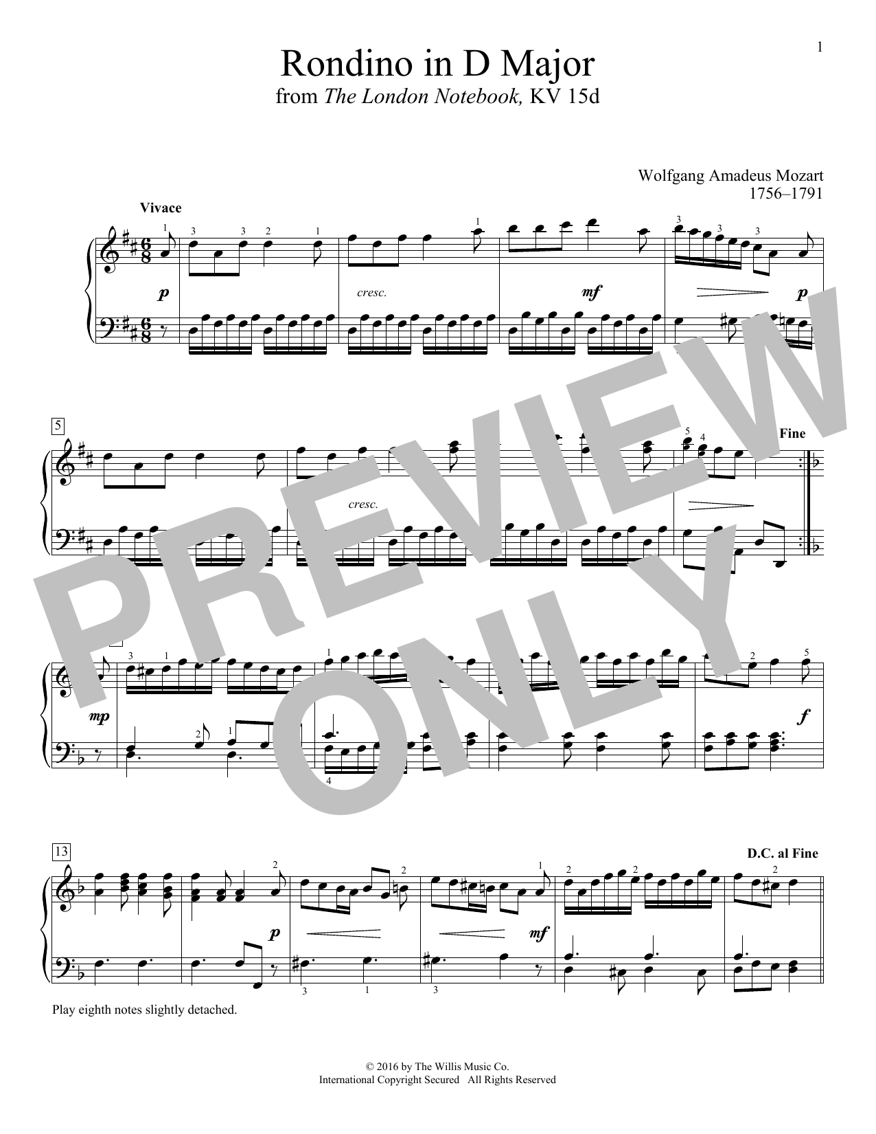 Download Wolfgang Amadeus Mozart Rondino In D Major Sheet Music