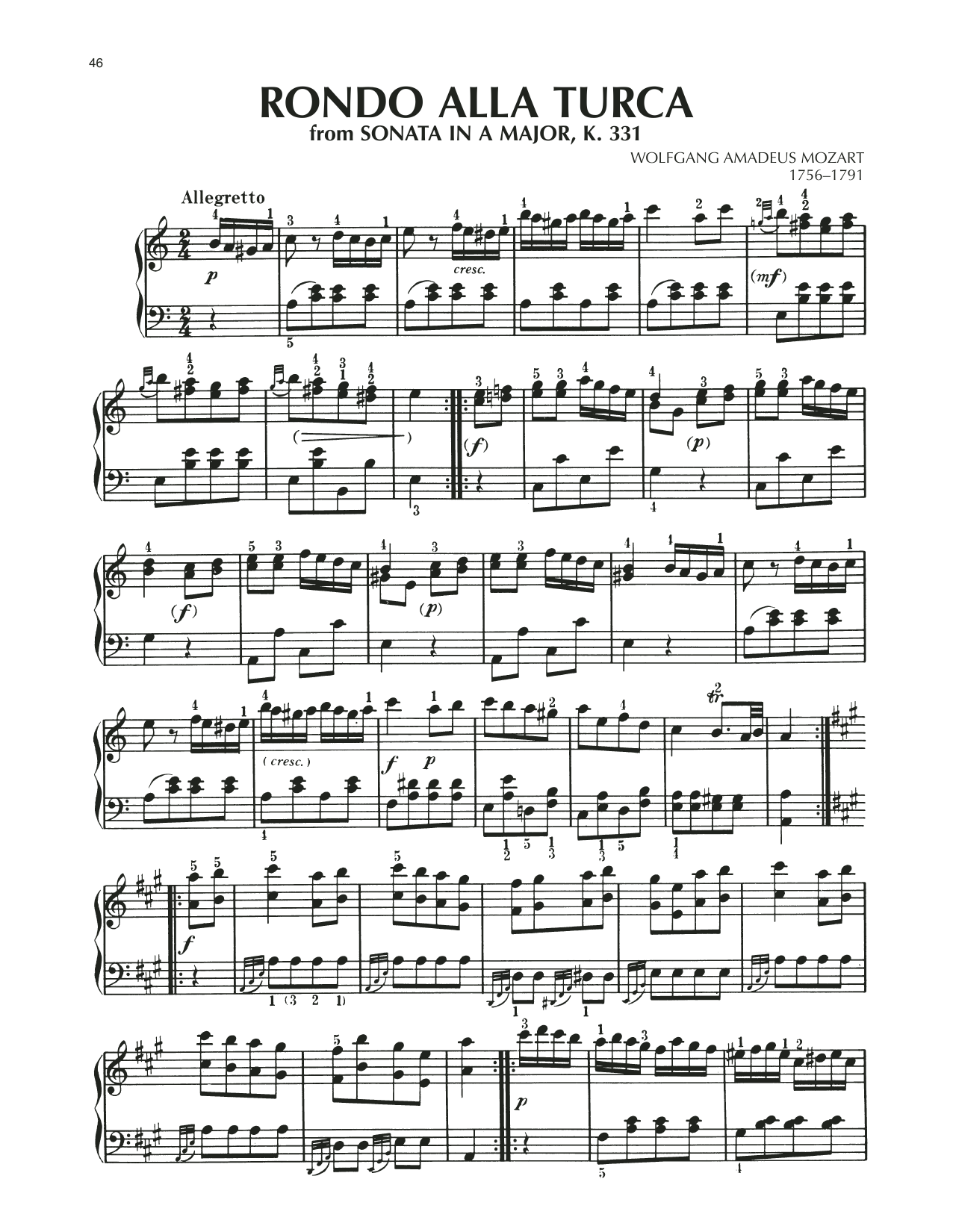 Wolfgang Amadeus Mozart Rondo: Allegretto (Alla Turca), K. 331 sheet music notes printable PDF score