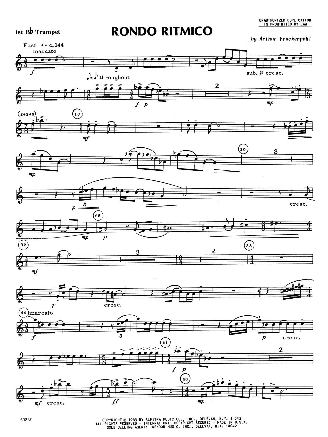 Download Arthur Frankenpohl Rondo Ritmico - 1st Bb Trumpet Sheet Music