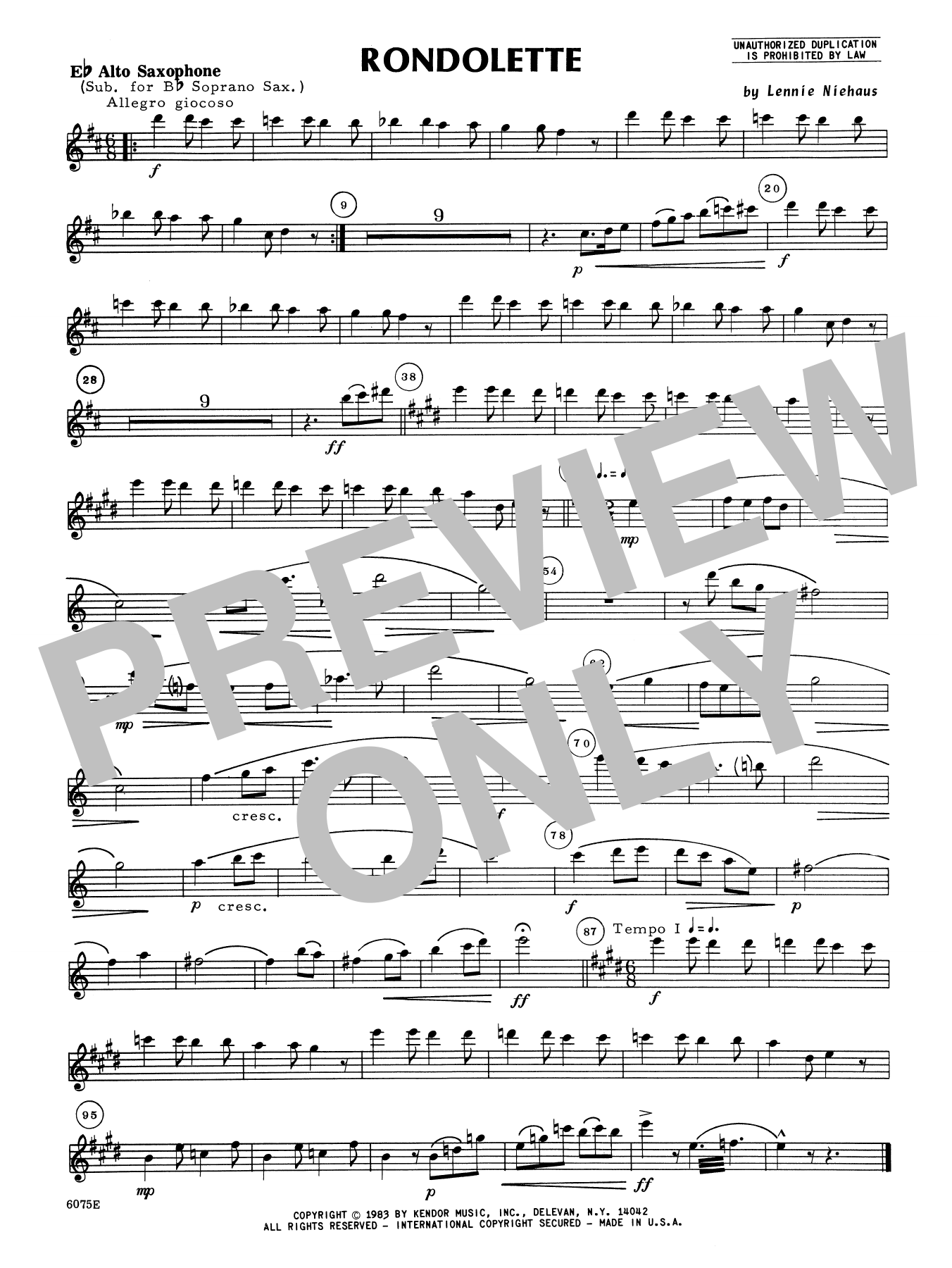 Download Lennie Niehaus Rondolette - Eb Alto Saxophone Solo Sheet Music