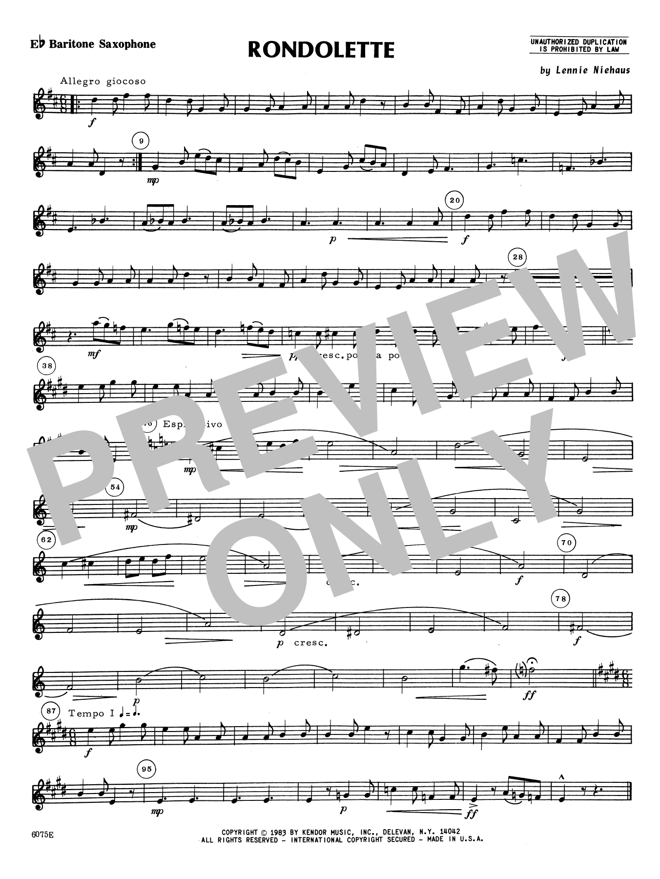 Download Lennie Niehaus Rondolette - Eb Baritone Saxophone Sheet Music