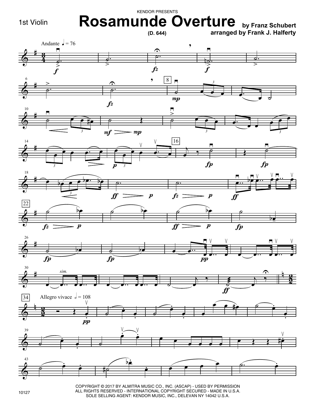 Download Frank J. Halferty Rosamunde Overture (D. 644) - 1st Violi Sheet Music
