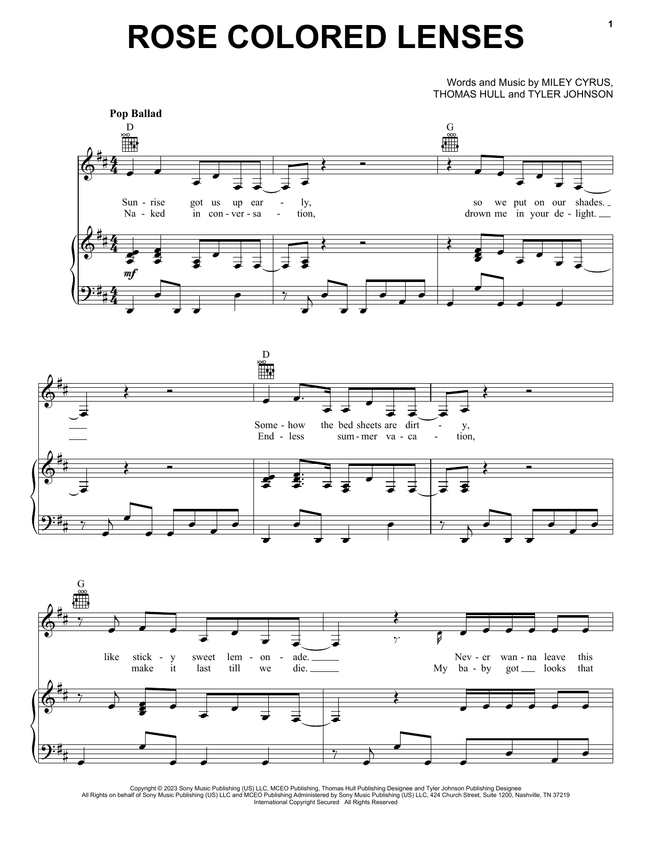 Download Miley Cyrus Rose Colored Lenses Sheet Music