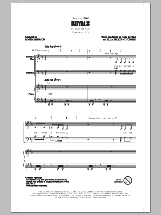 Download Lorde Royals (arr. Roger Emerson) Sheet Music