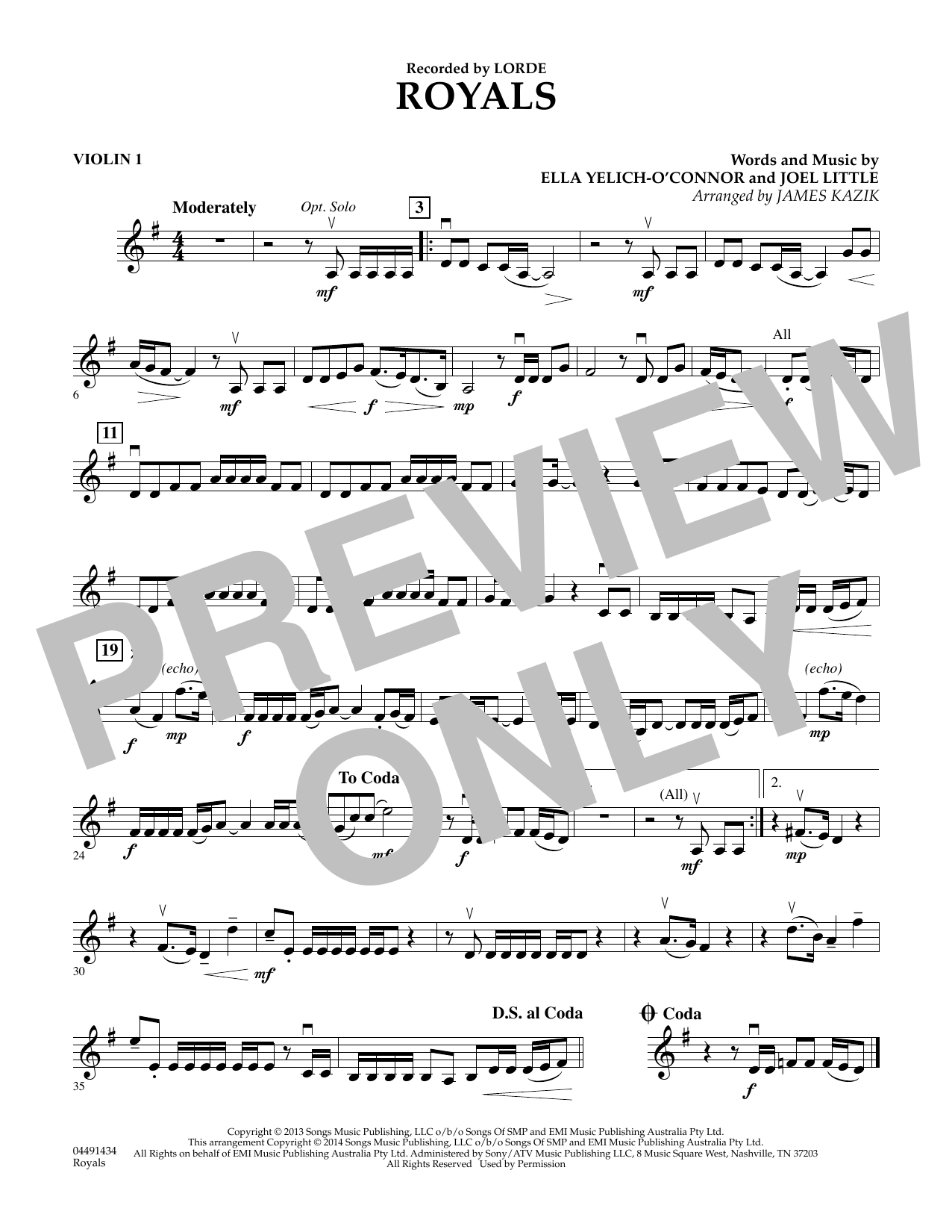 Download James Kazik Royals - Violin 1 Sheet Music