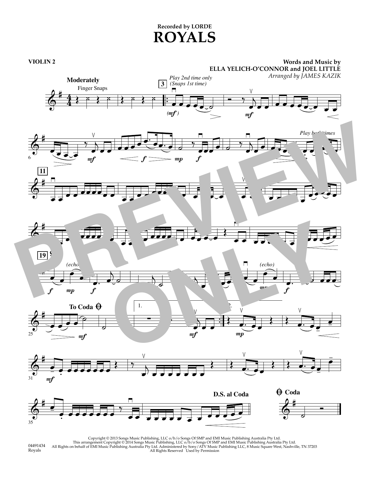 Download James Kazik Royals - Violin 2 Sheet Music