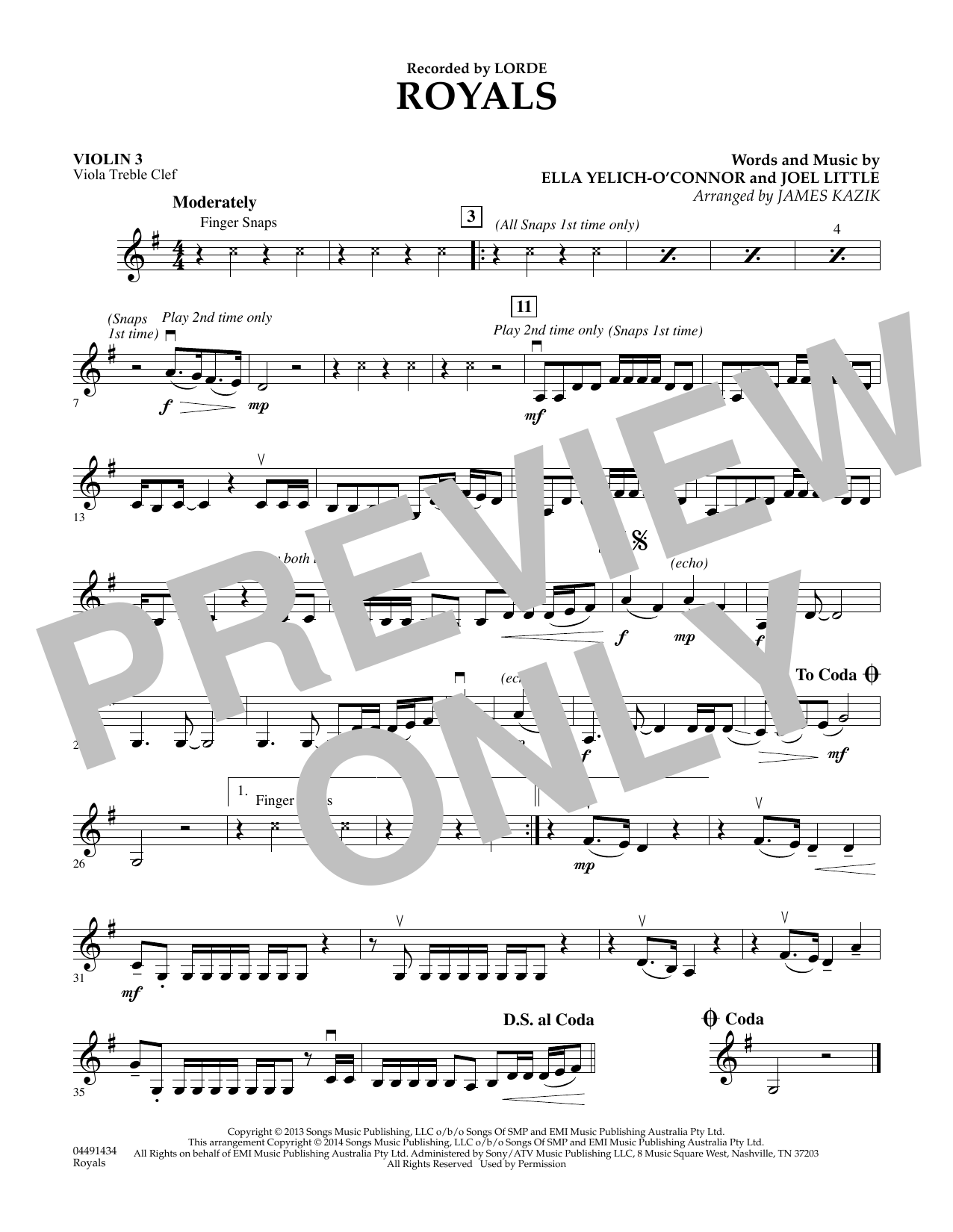 Download James Kazik Royals - Violin 3 (Viola Treble Clef) Sheet Music