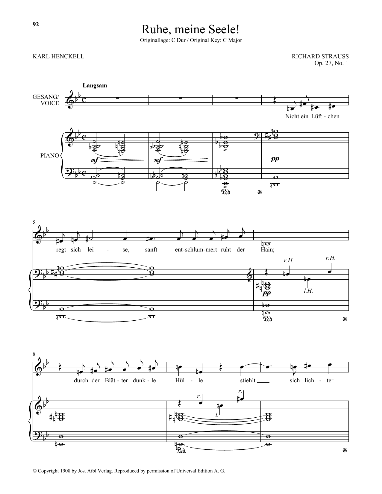 Download Richard Strauss Ruhe, Meine Seele! (Low Voice) Sheet Music