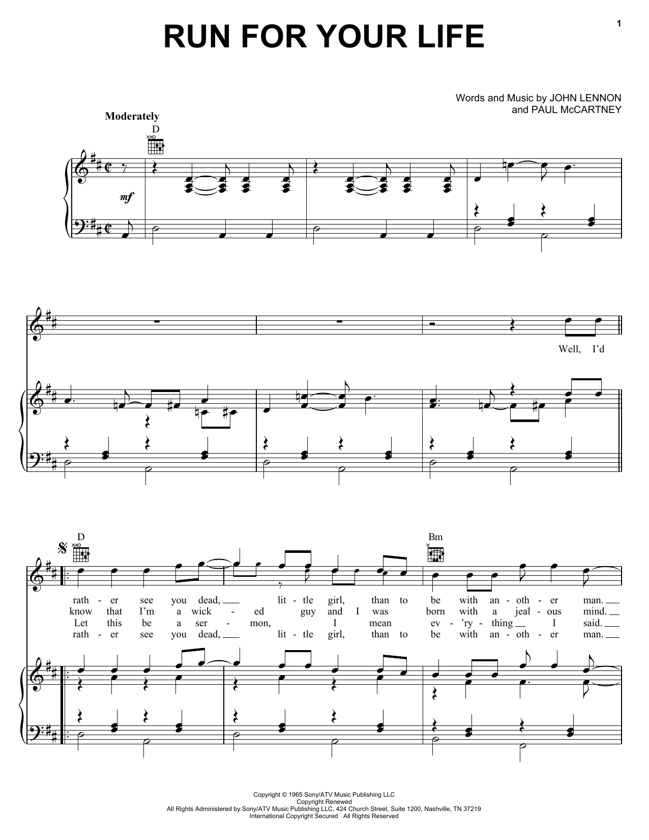 Download The Beatles Run For Your Life Sheet Music