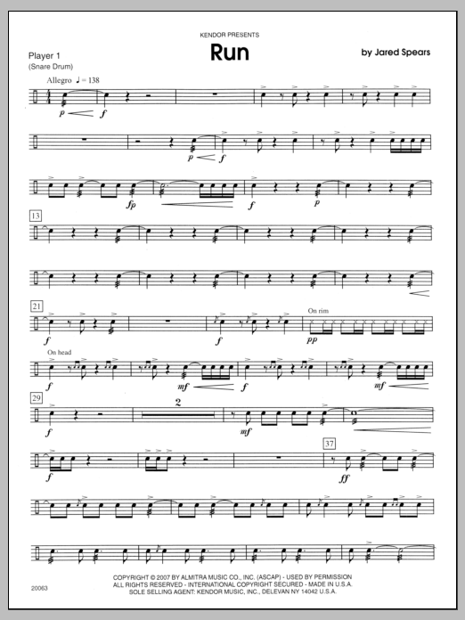Download Spears Run - Percussion 1 Sheet Music