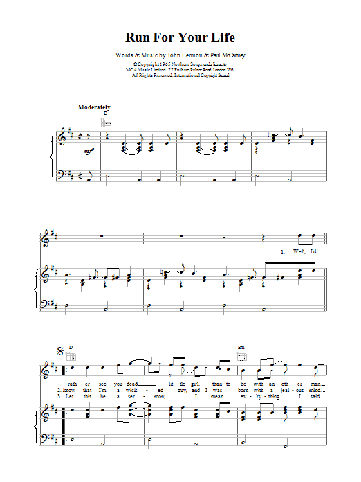 The Beatles Run For Your Life sheet music notes printable PDF score