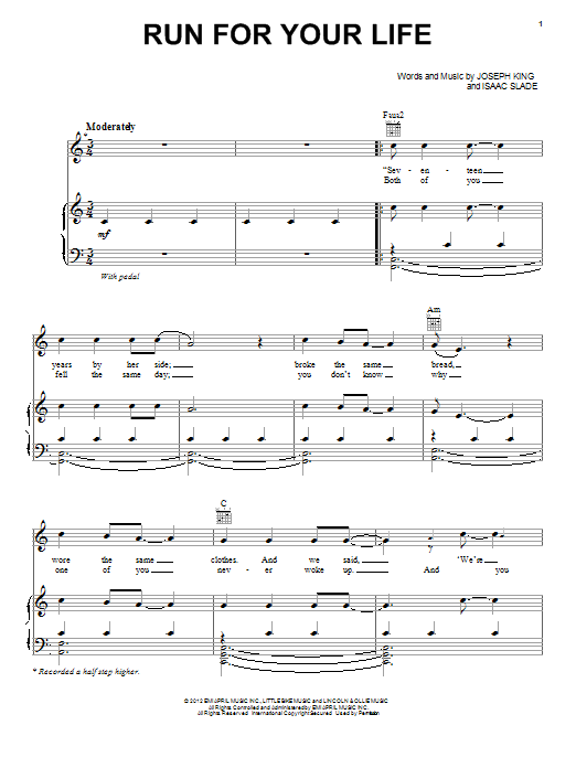 Download The Fray Run For Your Life Sheet Music