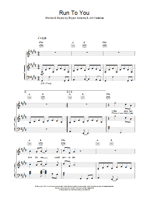 Bryan Adams Run To You sheet music notes printable PDF score