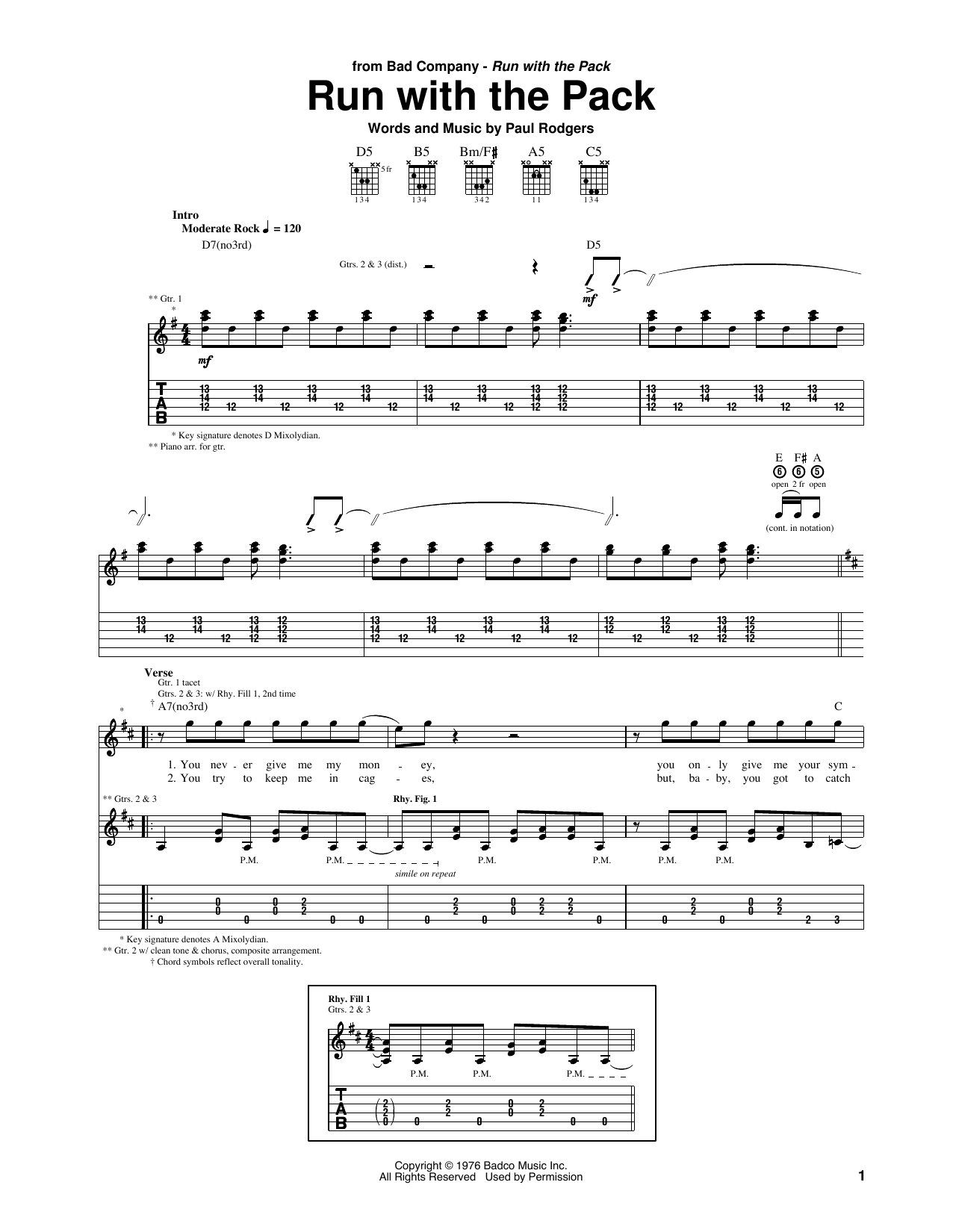 Download Bad Company Run With The Pack Sheet Music