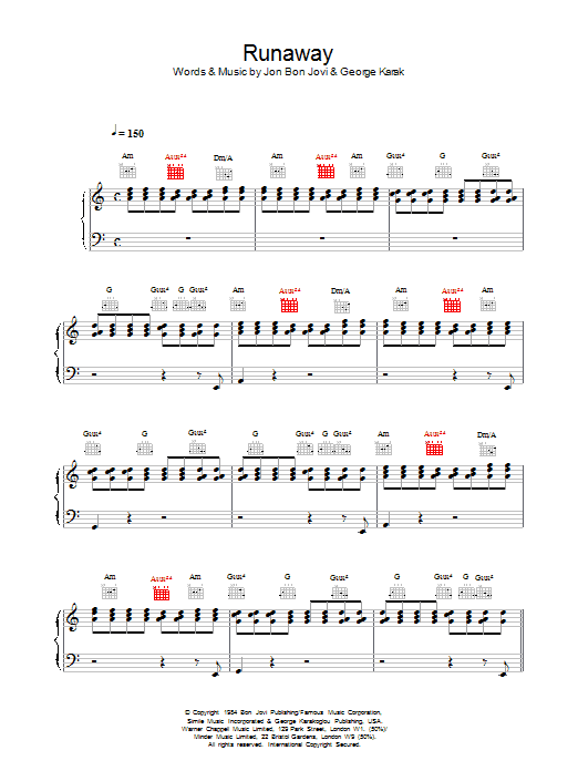 Bon Jovi Runaway sheet music notes printable PDF score