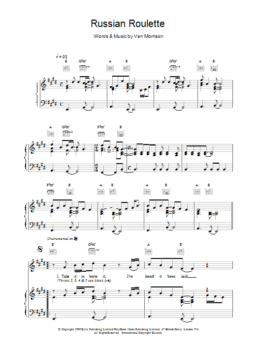 Van Morrison Russian Roulette sheet music notes printable PDF score