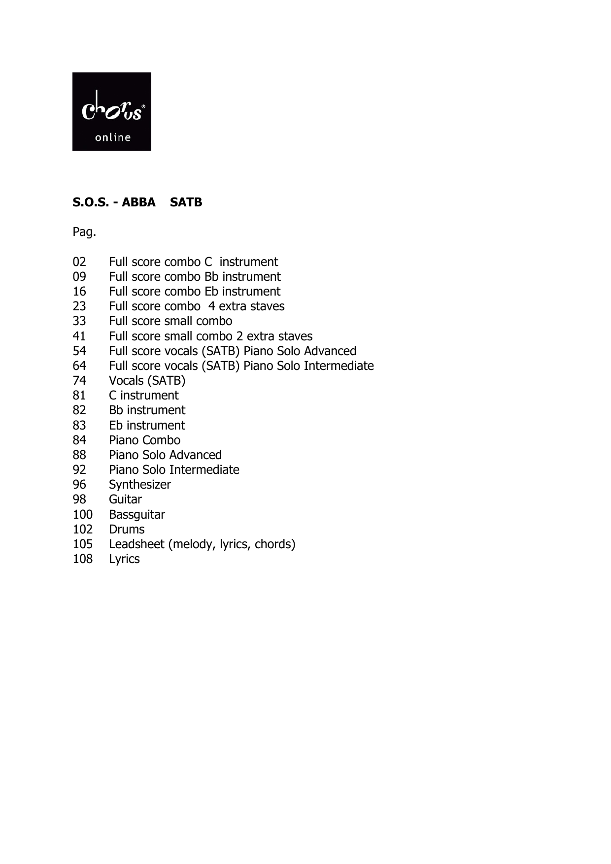 ABBA S.O.S. (arr. Dirk Kokx) sheet music notes printable PDF score