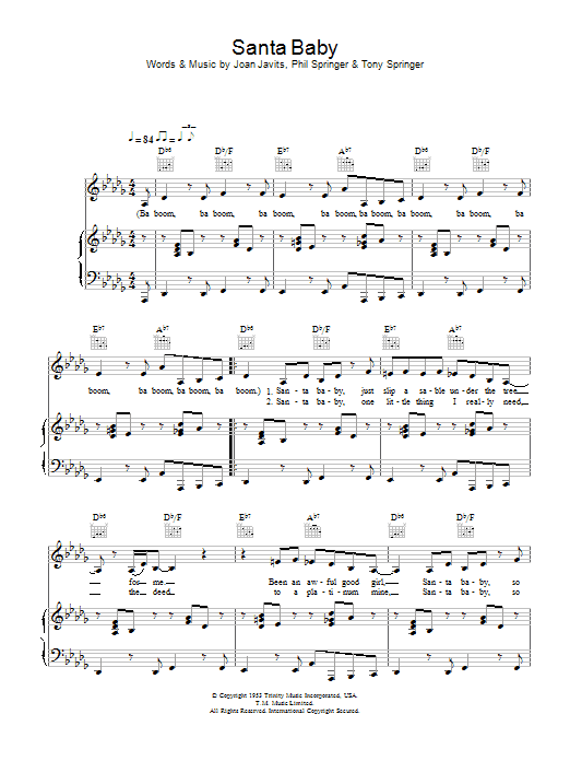 Eartha Kitt Santa Baby sheet music notes printable PDF score