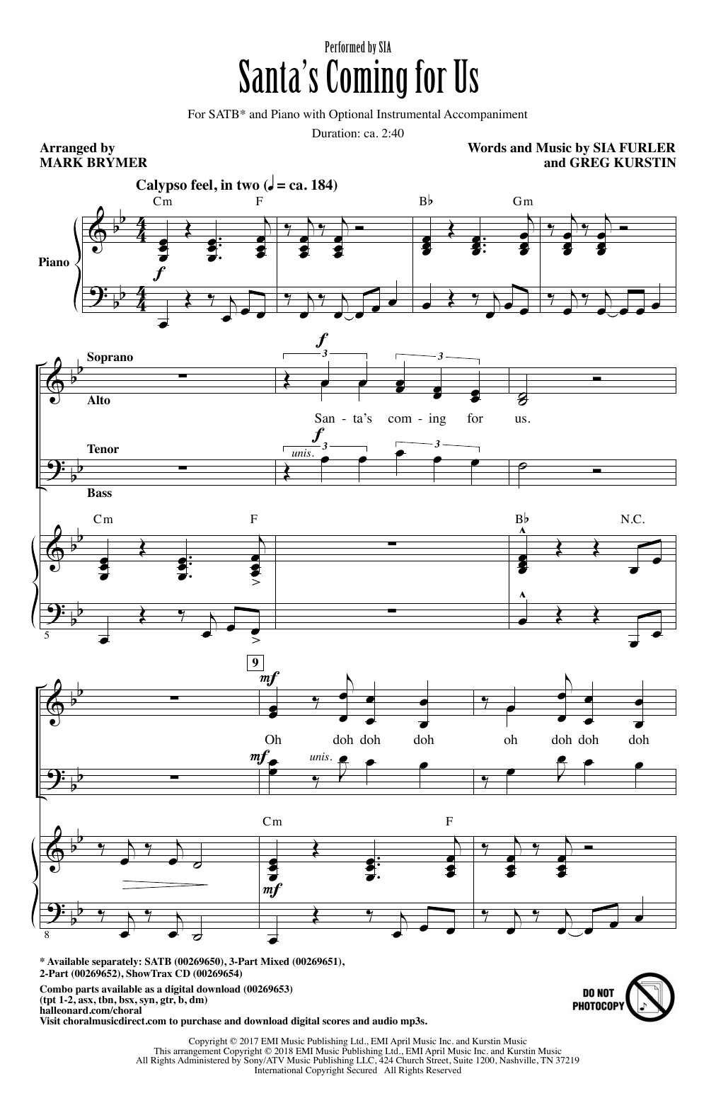 Download Sia Santa's Coming For Us (arr. Mark Brymer Sheet Music
