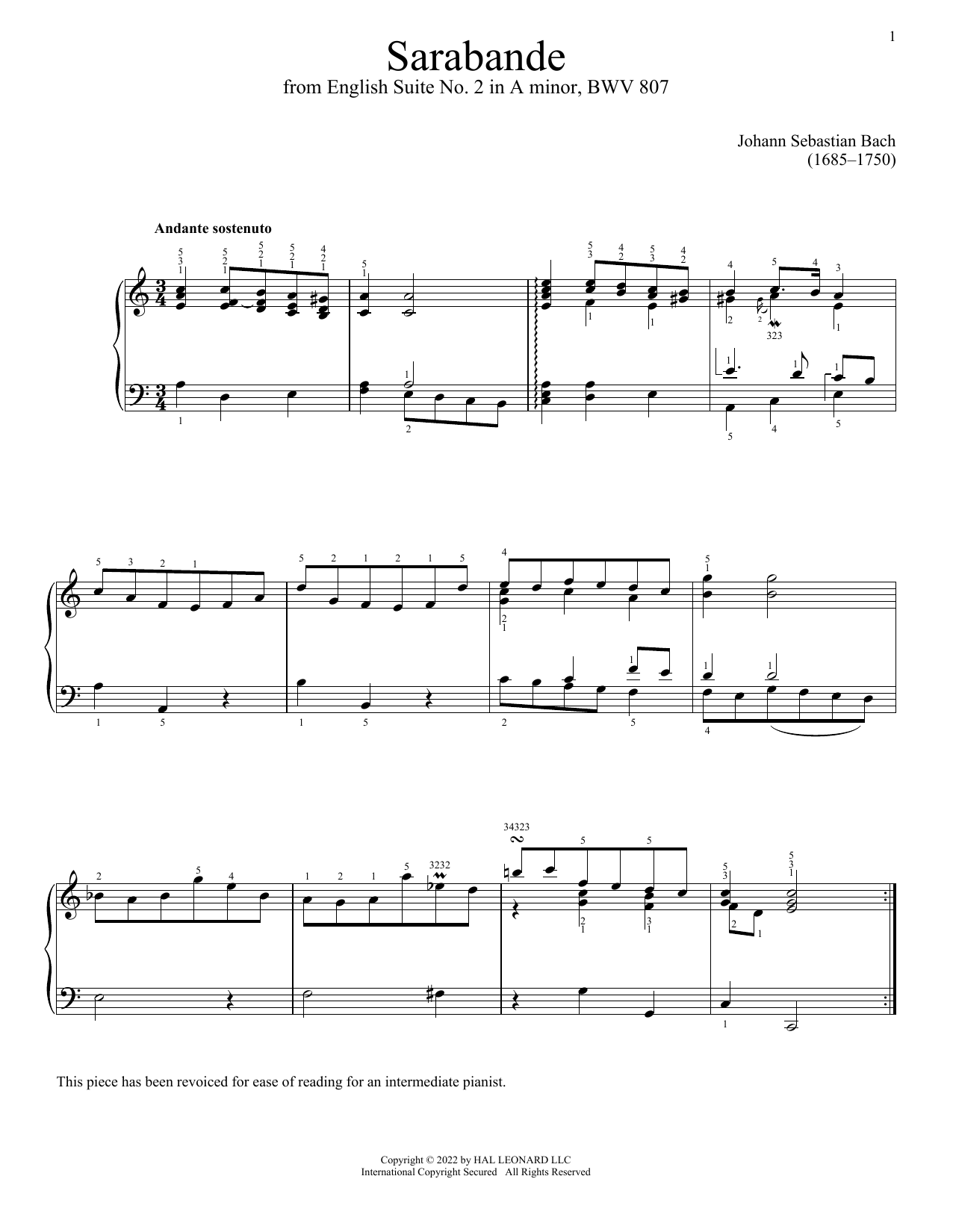 Download Johann Sebastian Bach Sarabande, BWV 807 Sheet Music