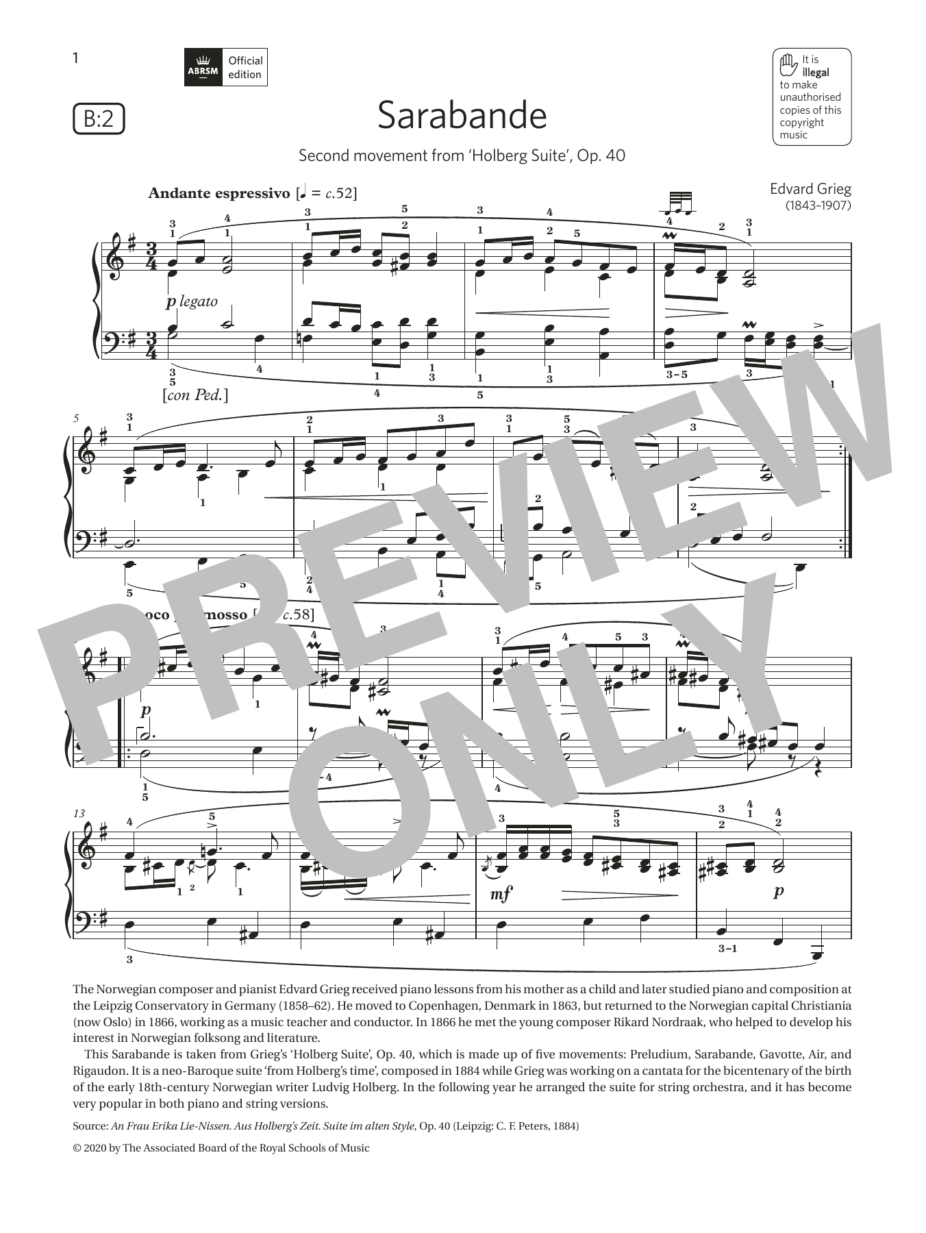 Download Edvard Grieg Sarabande (Grade 7, list B2, from the A Sheet Music