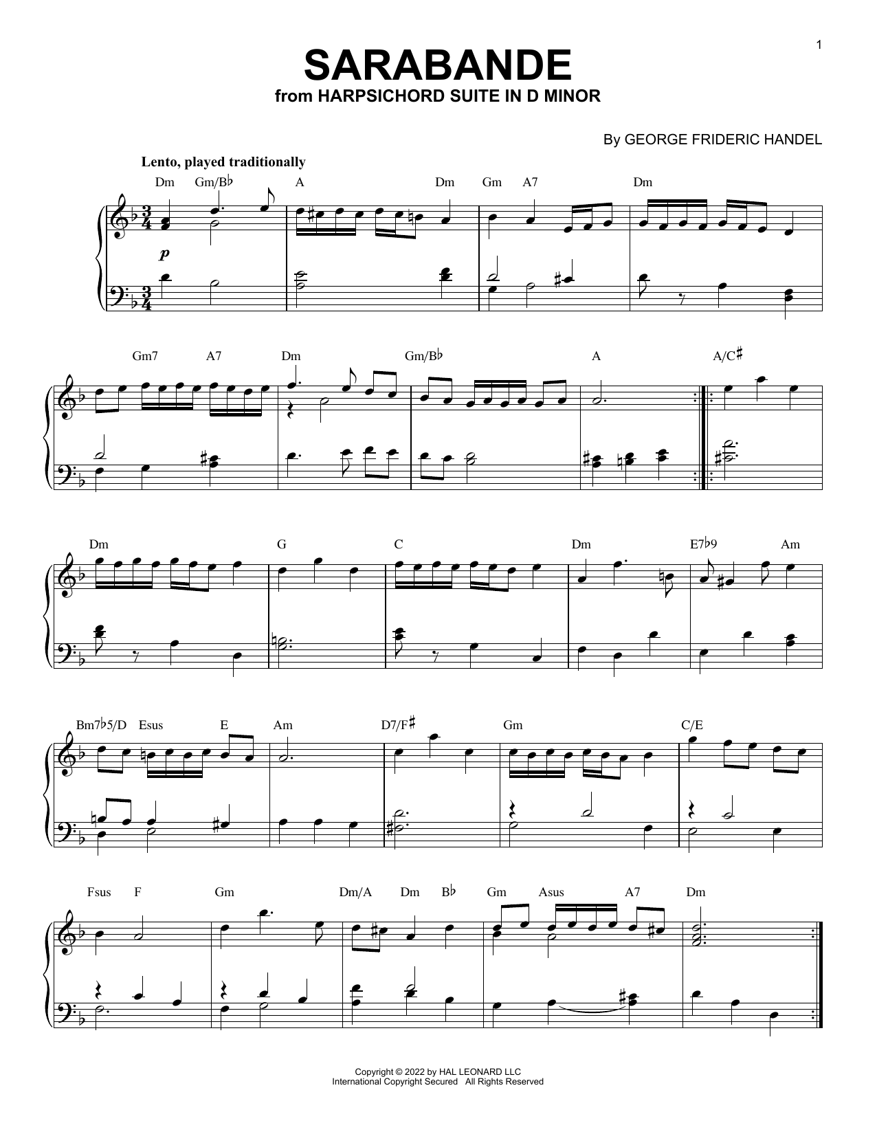 Download George Frideric Handel Sarabande In D Minor [Jazz version] (ar Sheet Music