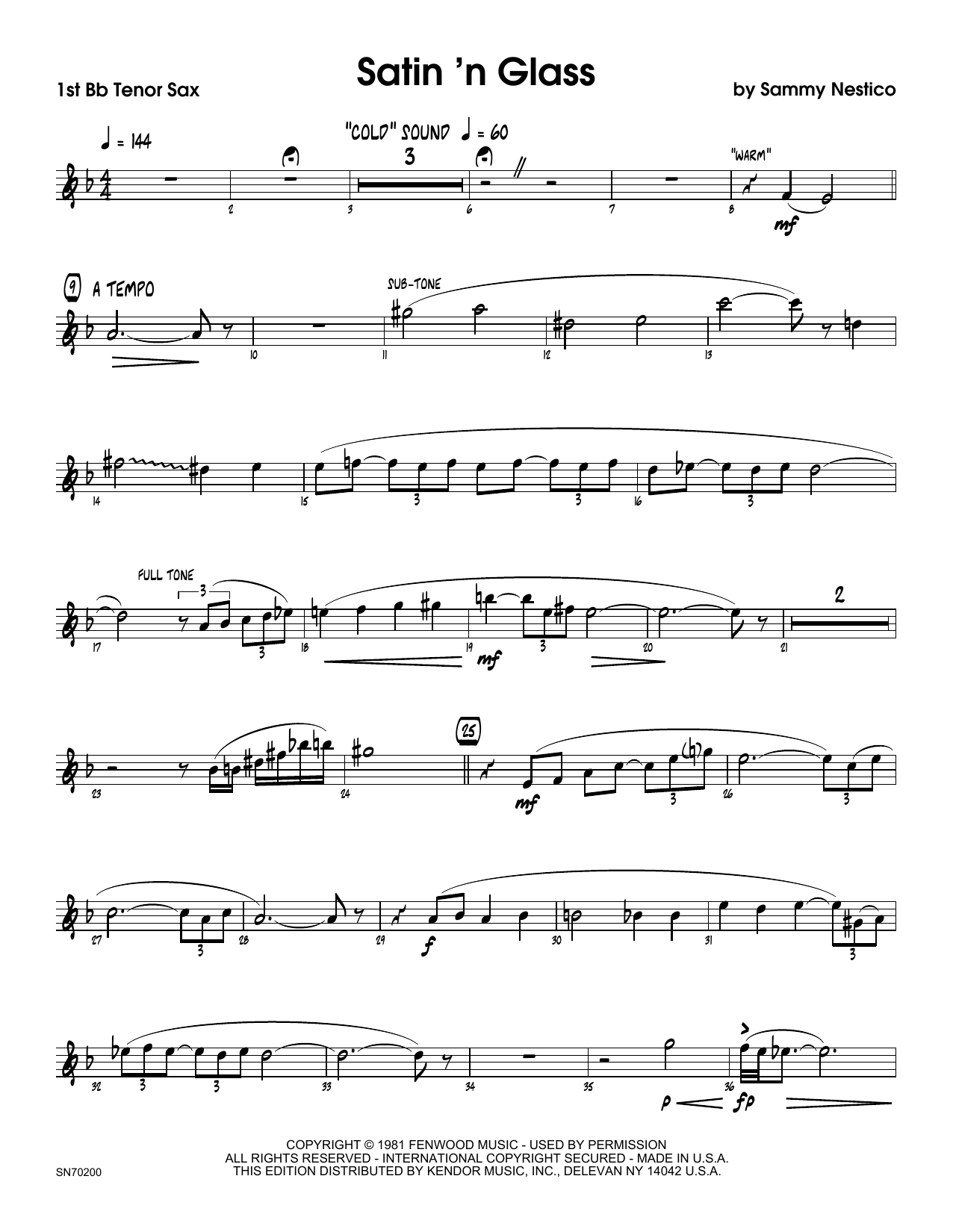 Download Sammy Nestico Satin 'n Glass - 1st Tenor Saxophone Sheet Music