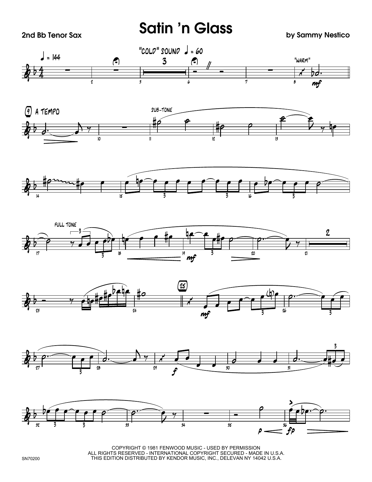 Download Sammy Nestico Satin 'n Glass - 2nd Bb Tenor Saxophone Sheet Music