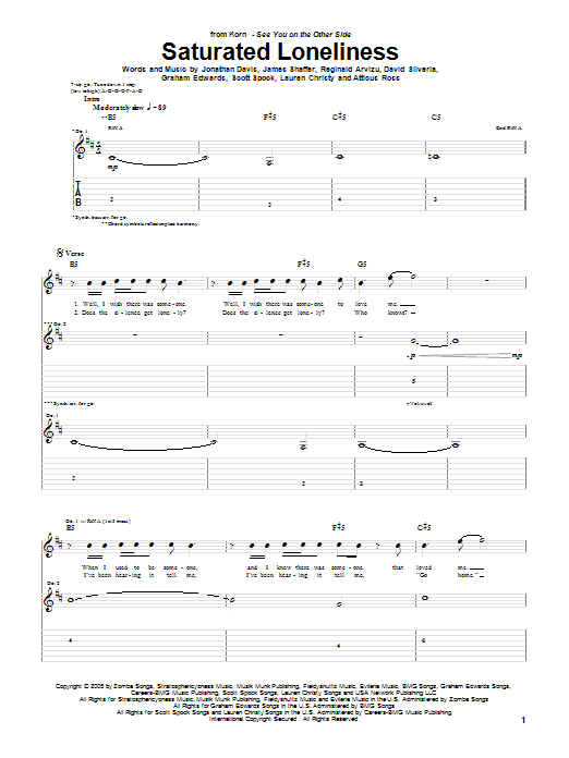 Download Korn Saturated Loneliness Sheet Music