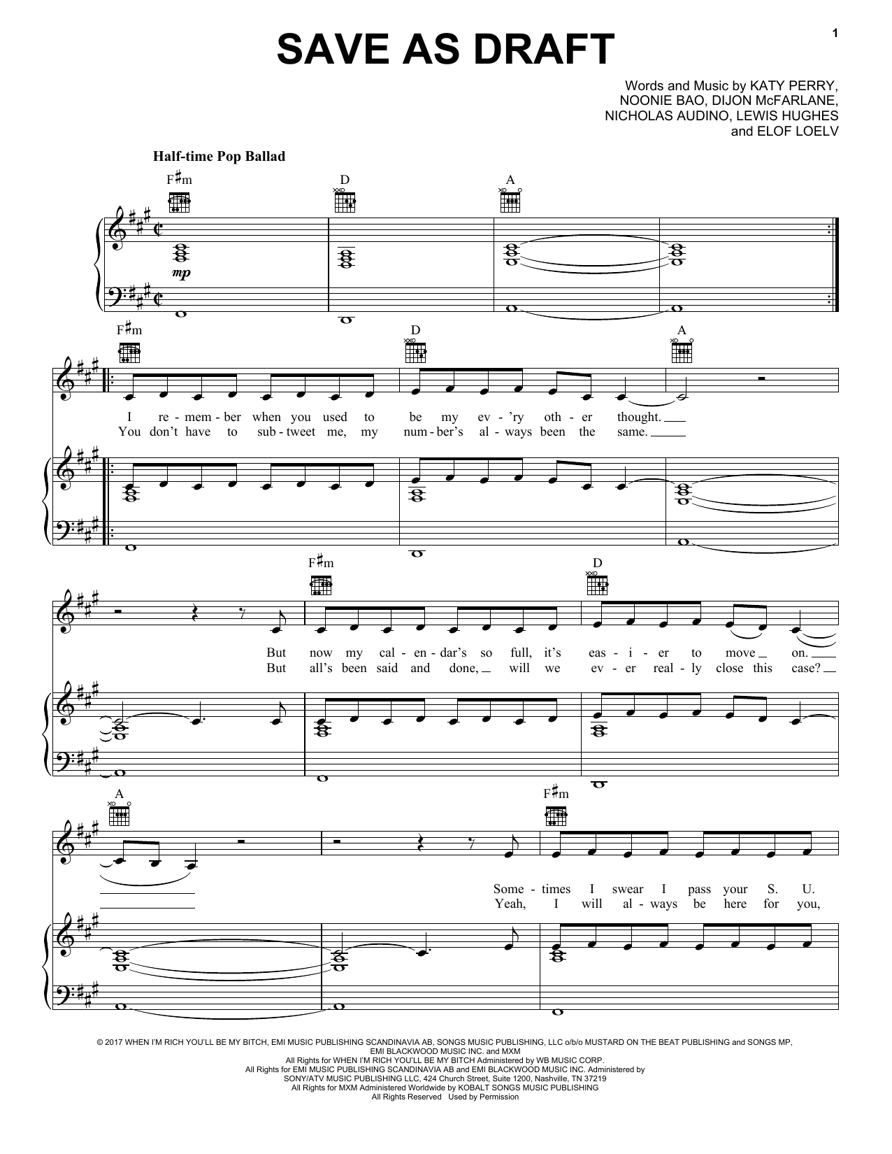 Download Katy Perry Save As Draft Sheet Music