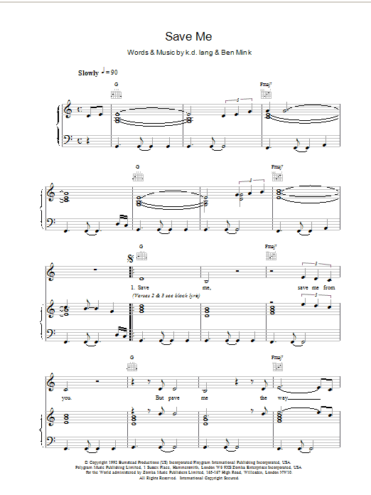 k.d. lang Save Me sheet music notes printable PDF score