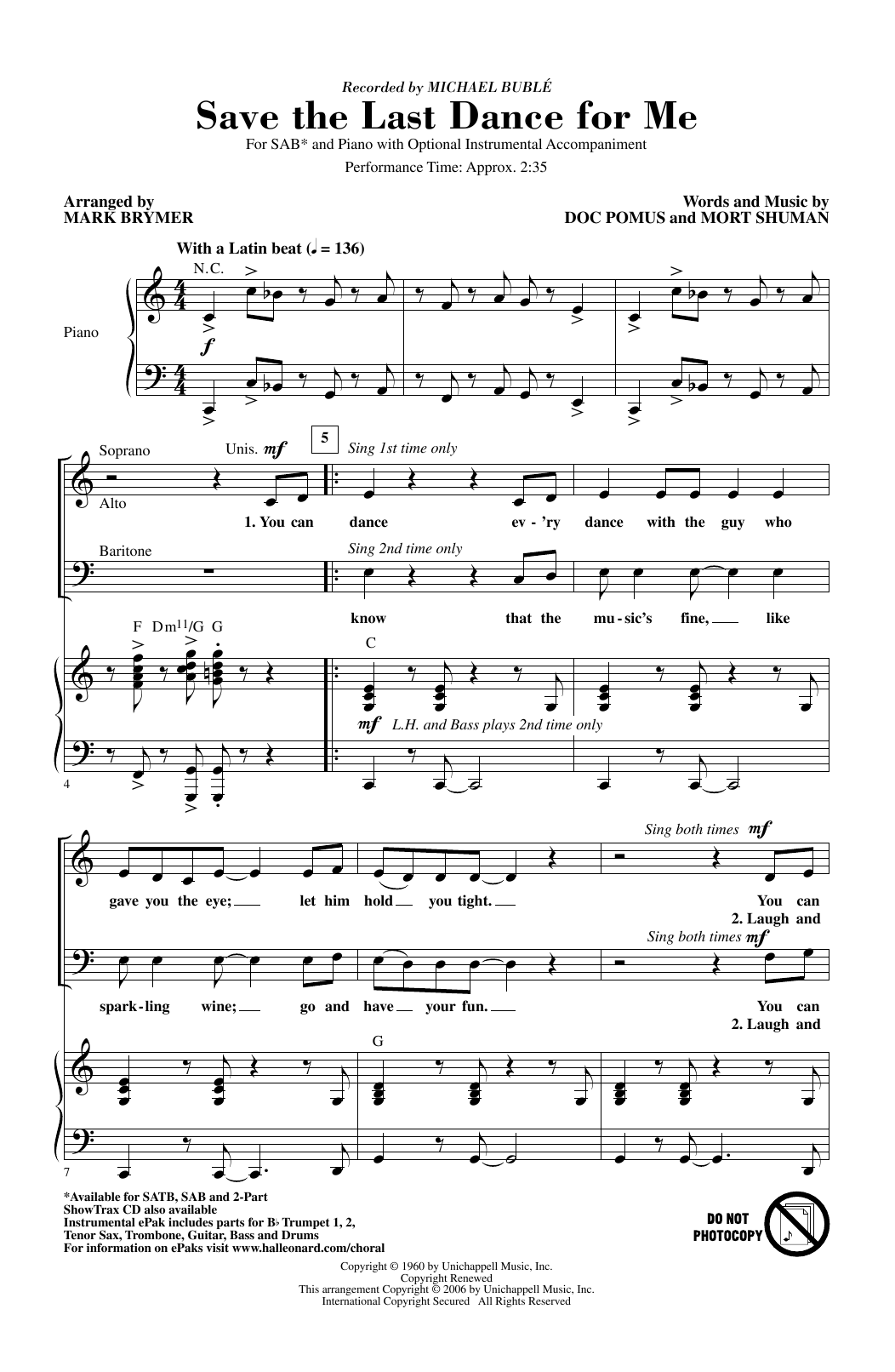 Download Michael Buble Save The Last Dance For Me (arr. Mark B Sheet Music