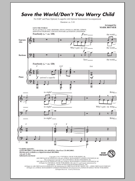 Download Swedish House Mafia Save The World/Don't You Worry Child (a Sheet Music