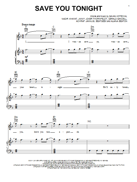Download One Direction Save You Tonight Sheet Music