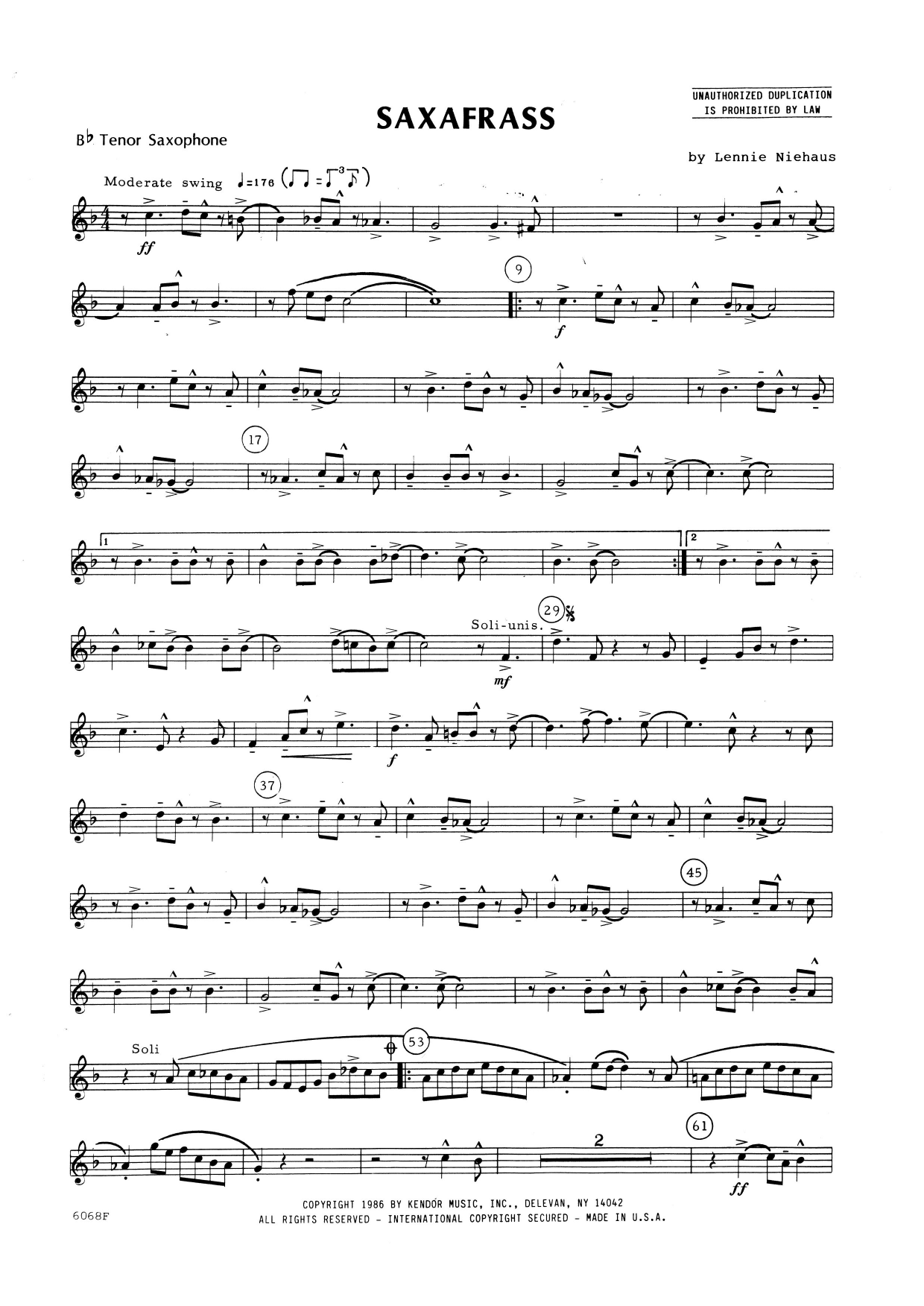 Download Lennie Niehaus Saxafrass - 1st Eb Alto Saxophone Sheet Music