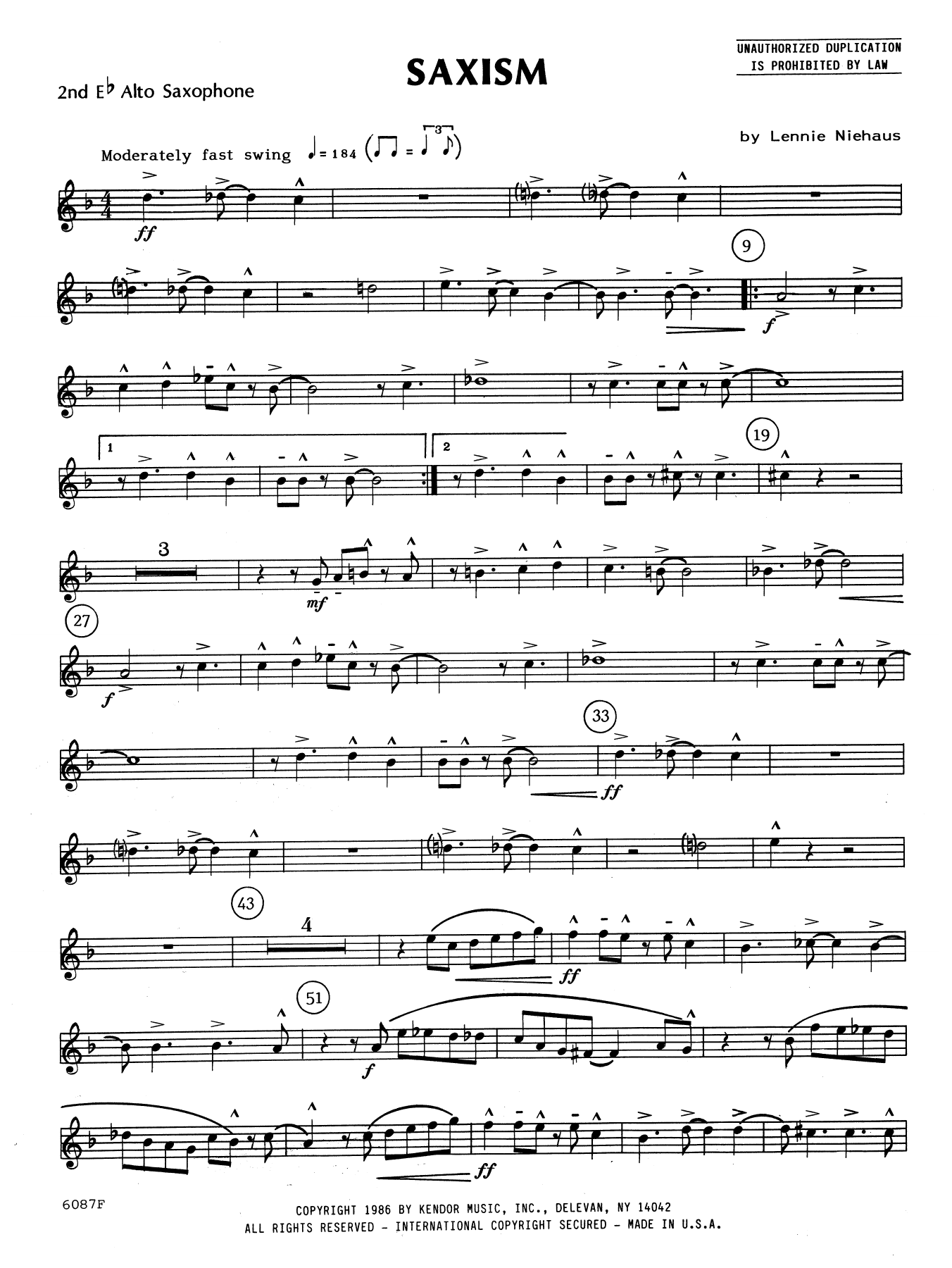 Download Lennie Niehaus Saxism - 2nd Eb Alto Saxophone Sheet Music