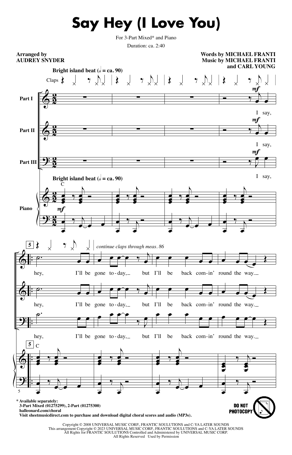 Download Michael Franti & Spearhead feat. Che Say Hey (I Love You) (arr. Audrey Snyde Sheet Music