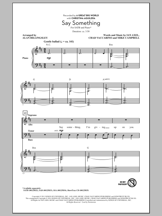 Download A Great Big World and Christina Agui Say Something (arr. Alan Billingsley) Sheet Music