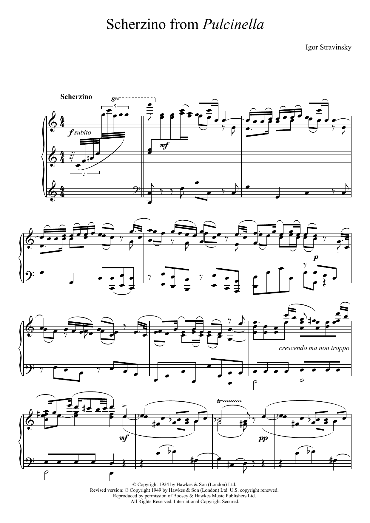 Download Igor Stravinsky Scherzino from Pulcinella Sheet Music