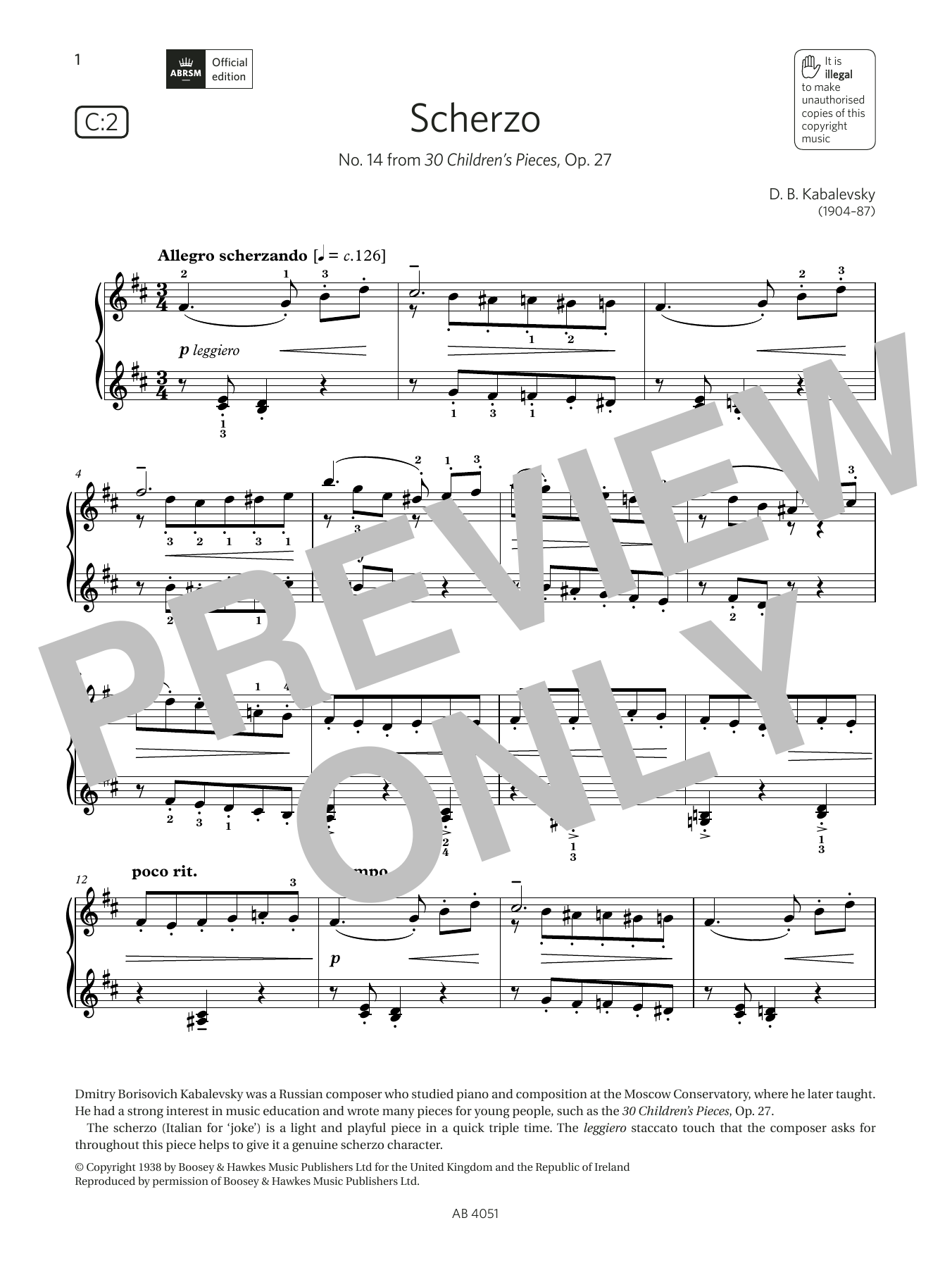 Download D B Kabalevsky Scherzo (Grade 5, list C2, from the ABR Sheet Music