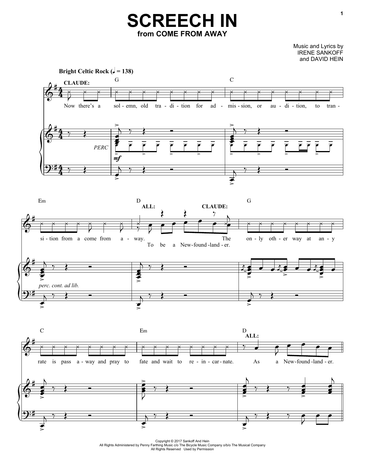 Download Irene Sankoff & David Hein Screech In (from Come from Away) Sheet Music