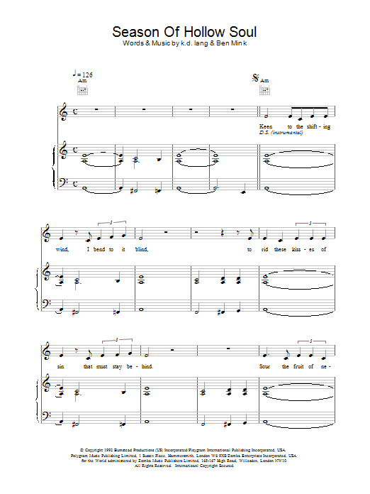 k.d. lang Season of Hollow Soul sheet music notes printable PDF score