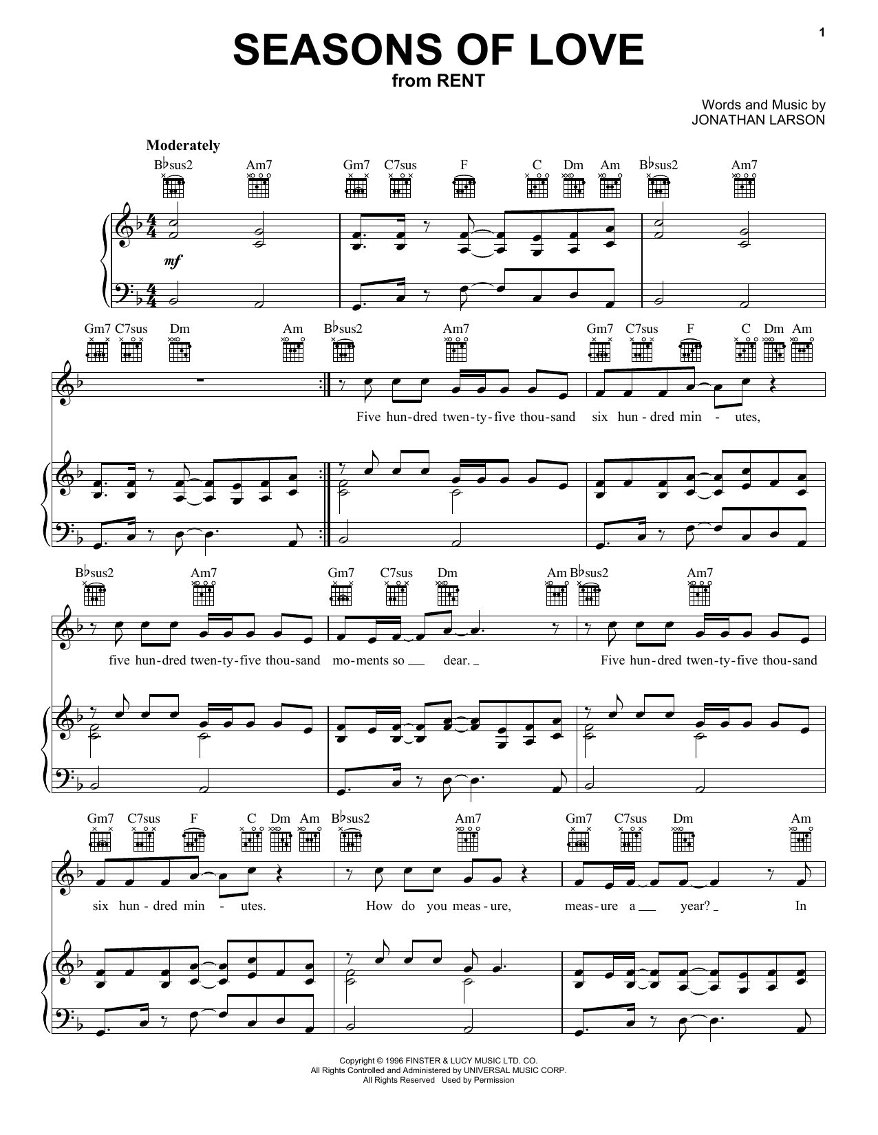 Jonathan Larson Seasons Of Love (from Rent) sheet music notes printable PDF score