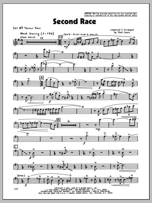Download Thad Jones Second Race - 1st Bb Tenor Saxophone Sheet Music
