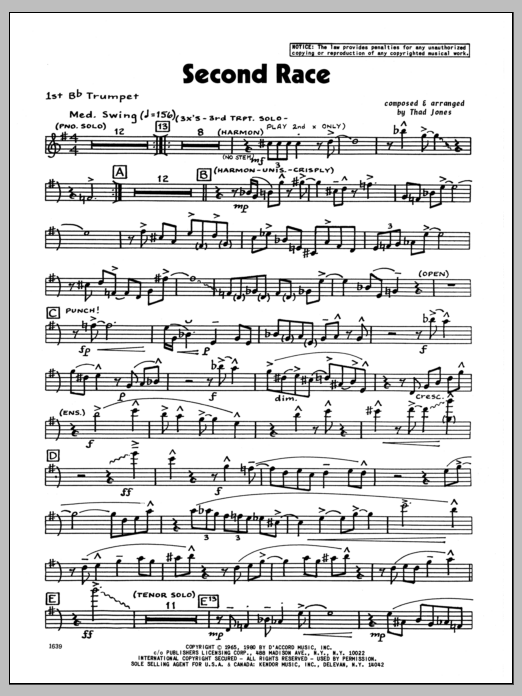 Download Thad Jones Second Race - 1st Bb Trumpet Sheet Music