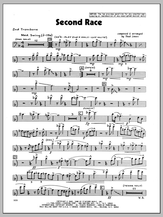 Download Thad Jones Second Race - 2nd Trombone Sheet Music
