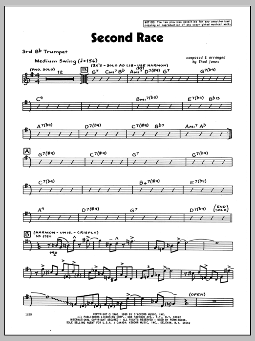 Download Thad Jones Second Race - 3rd Bb Trumpet Sheet Music