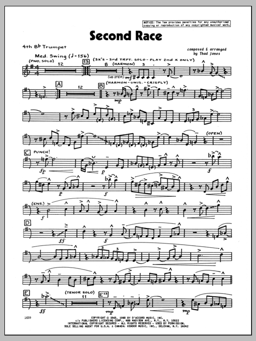 Download Thad Jones Second Race - 4th Bb Trumpet Sheet Music